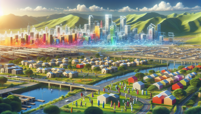 A vibrant aerial view of Rustenburg, South Africa, showing modern housing under construction near industrial parks, with investors and green hills under sunny skies.