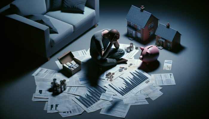 Debt Consolidation After Divorce or Separation | DCL Stressed individual in dimly lit UK home amid bills, child support documents, two house models, cracked piggy bank, and rising expense graphs, symbolizing post-separation budgeting challenges.