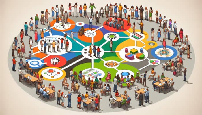 Vibrant illustration of diverse people connecting via digital devices, forming relationship circles, and gathering outdoors in a thriving community.