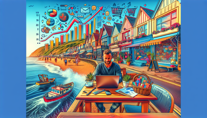 Bournemouth coastal scene: small business owner at café analyses e-commerce SEO on laptop with rising graphs and shopping carts.