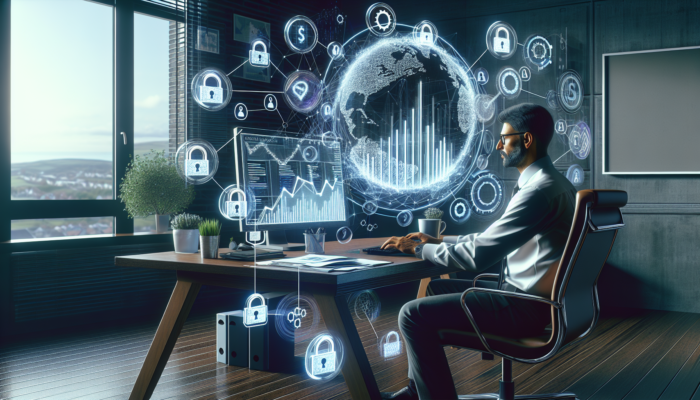 A focused entrepreneur in a Bournemouth office analyses SEO ROI graphs on a computer, with GDPR lock icons for data compliance.