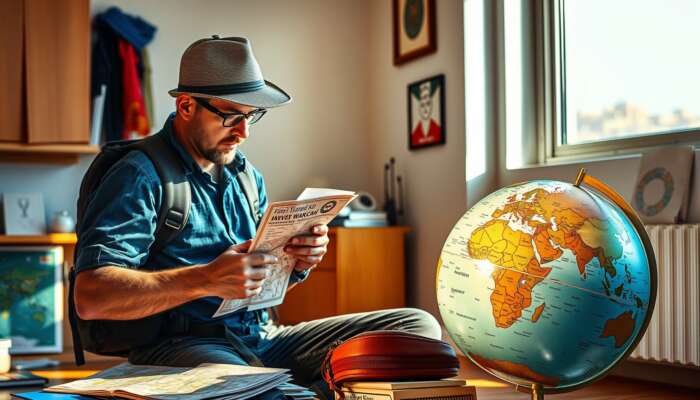 A vigilant traveller packs a backpack with maps, first-aid kit, and guides in a sunlit room, studying a globe with routes and symbols.
