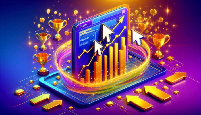 Vibrant digital banner illustrating clicking cursors transforming into rising graphs and golden trophies, showcasing CTR's impact on advertising success.