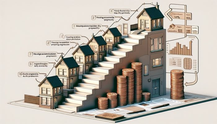 Debt Consolidation on Shared Ownership Homes: Key Tips | DCL Symbolic ascending staircase leading to a modern British home, with steps showing rising equity percentages, housing badges, valuation documents, and growing coin stacks.