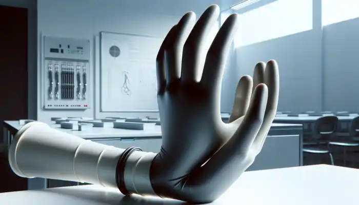 Powder Free Latex Gauntlet Gloves in Colchester: A close-up of powder-free latex gauntlet gloves on a sterile white surface, showing smooth elastic texture and extended forearm coverage.