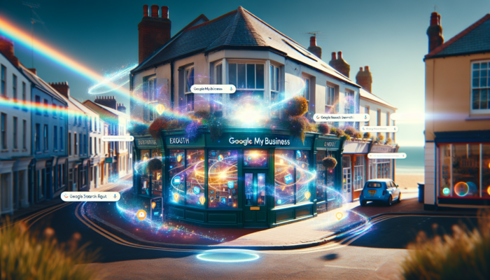 Local SEO in Exmouth for Small Business: A vibrant Exmouth beachfront with a small business storefront, overlaid with Google My Business icons, swirling local keywords, and mobile search spotlights.