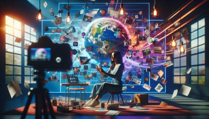 A diverse creator films an Instagram Reel on a smartphone, featuring colorful effects, cultural symbols, and engaging a global audience dynamically.