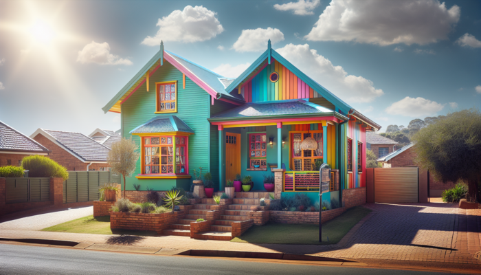 A freshly painted entry-level home in Pretoria's suburbs, showcasing vibrant eco-friendly colours that harmonise with the African landscape under a sunny sky.