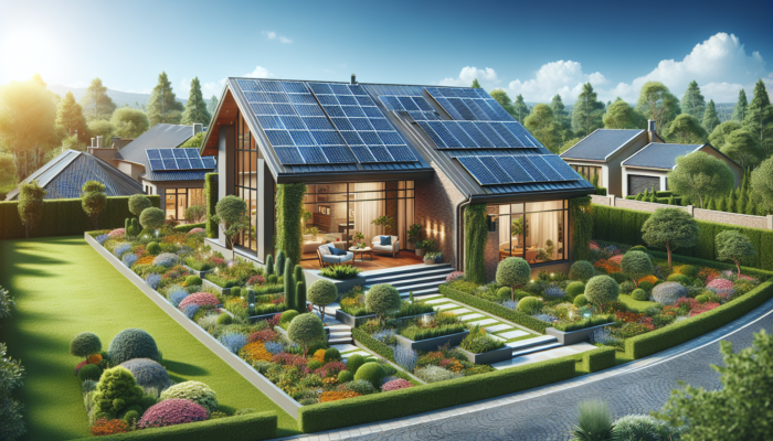 A modern suburban home in Pretoria featuring solar panels on the roof, surrounded by vibrant gardens and a blue sky, symbolising sustainable energy and increased property value.