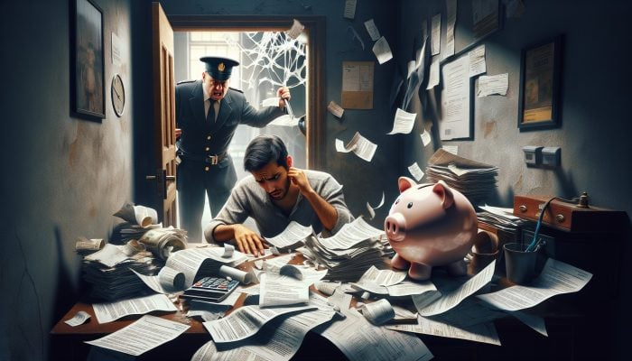 Can Debt Consolidation Stop Bailiff Action?: Key Insights | DCL Stressed individual at cluttered desk with bills and broken piggy bank, as bailiff knocks on door in dimly lit home.