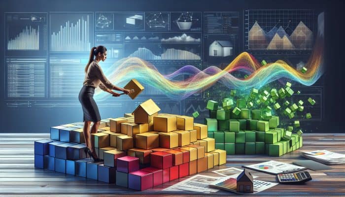 Consolidating Debt on Interest-Only Mortgages | DCL Financial advisor in a modern office consolidates debts into an interest-only mortgage, surrounded by rate charts, a house model, and currency flows.