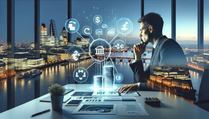 Consolidating Debt on Interest-Only Mortgages | DCL A financial advisor in a modern London office examines credit cards and mortgage documents amid glowing debt charts.