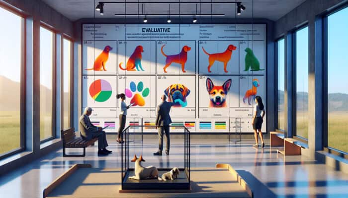 In a bright animal shelter, an evaluator reviews a dog's behavioural charts as a family plays with it.