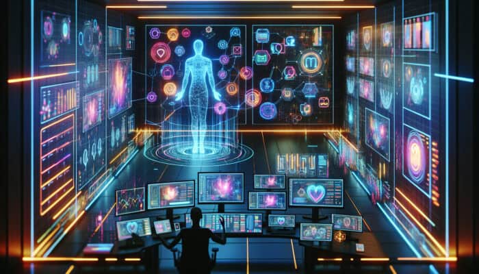 Futuristic holographic virtual assistant in high-tech e-commerce center, managing operations, engaging customers, and monitoring inventory with neon interfaces.