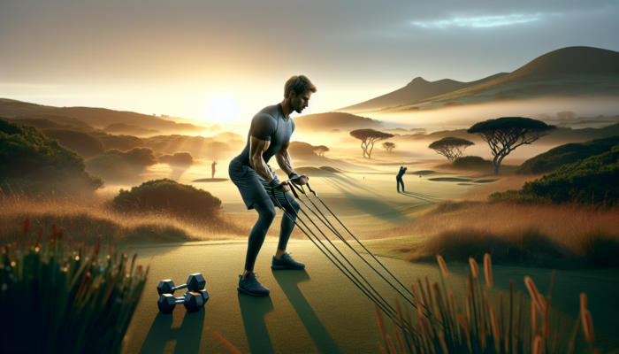 Determined athlete performing weightlifting and resistance bands on a lush South African golf course at dawn, with rolling hills and wildlife, symbolising enhanced accuracy.