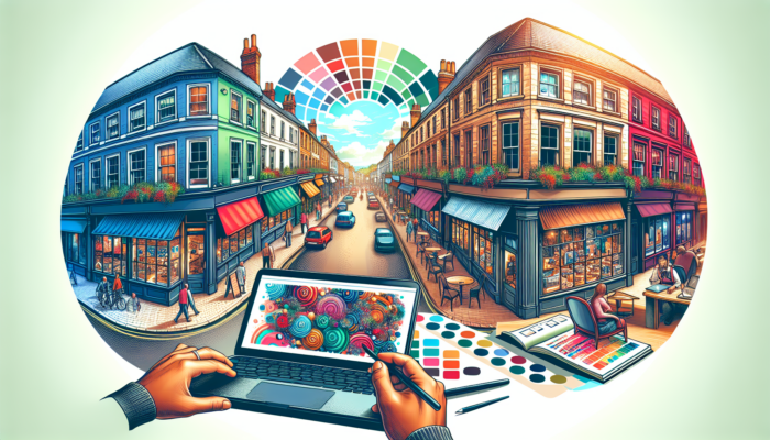 Busy Gloucestershire high street with a small shopfront; entrepreneur optimizes website on laptop, featuring SEO elements like title tags and images.