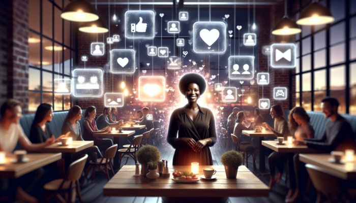 E-Commerce Marketing in Blandford Forum for Small Businesses: Small business owner in a cozy café surrounded by glowing social media screens and targeted ad icons for enhanced visibility.