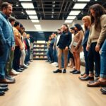 A group of people stands in two lines facing each other inside a shoe store, with shelves of shoes in the background and individuals looking down at their own footwear.
