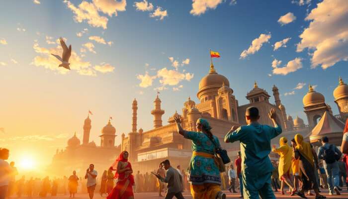 A lively global festival with diverse people in colourful traditional attire dancing, sampling street foods, and exploring landmarks at sunset.