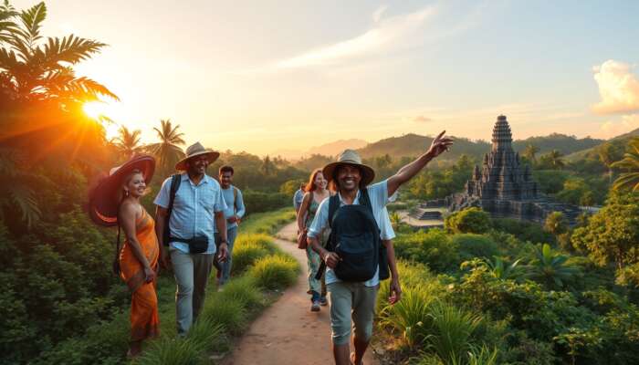 A local guide in traditional attire leads smiling tourists through a lush rainforest, pointing at ancient ruins and wildlife under a golden sunset.