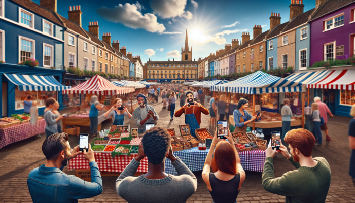 A bustling market square in Midsomer Norton showcasing historic Georgian architecture, colourful stalls, and marketers capturing Instagram moments beneath a sunny sky.