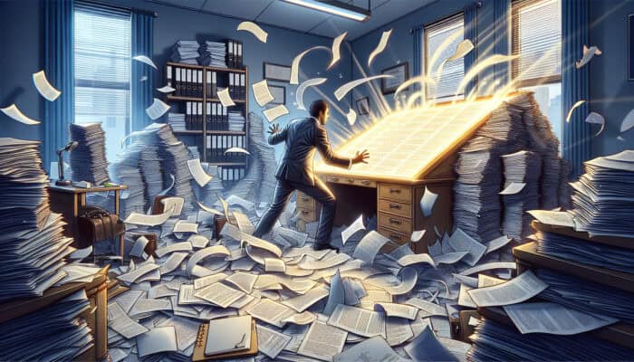 A novice lawyer in a cluttered office, overwhelmed by tangled papers, discovers a glowing template transforming chaos into order.