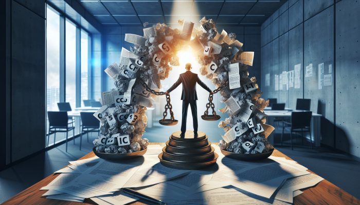 Person in a modern office breaking free from chains of crumpled CCJ documents, symbolizing debt consolidation, with a beam of light on a balanced financial scale.