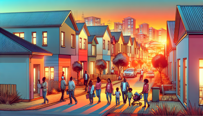 Bustling street in Giyani, South Africa, with modern mid-level homes, families viewing properties, new constructions, rising price signs, and economic charts under a vibrant sunset.
