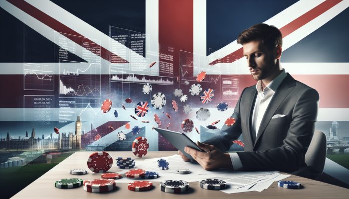 A determined person in a modern London office, surrounded by gambling chips and bills, reviews a debt consolidation document on a tablet under a Union Jack flag.