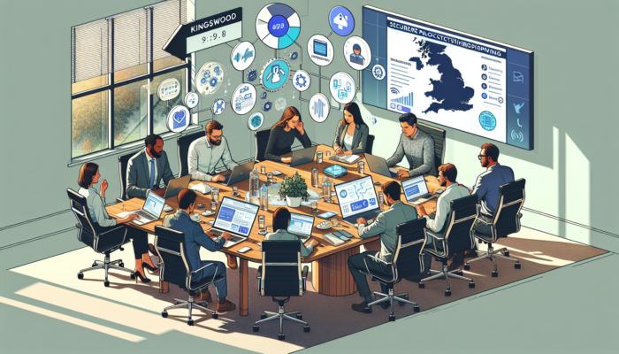 In a modern Kingswood office, web experts and business owners collaborate on website planning, showcasing laptops, digital sketches, payment icons, and maps of Gloucestershire.