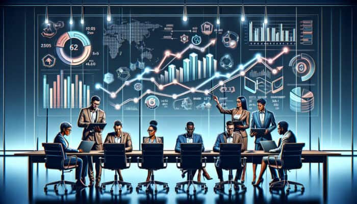 Diverse professionals in a modern boardroom analyse "Like a Girl" campaign data, with screens showing rising conversion rates and engagement graphs.