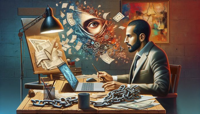 Determined entrepreneur reviews financial charts and debt documents on a laptop at a cluttered desk, with broken chains symbolising freedom in a warm home office.