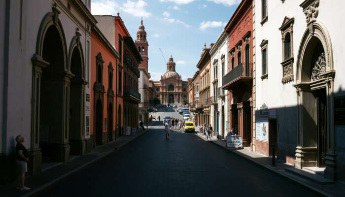 Symmetrical street scene in San Miguel de Allende with balanced arched doorways, ornate facades, and a bustling plaza.