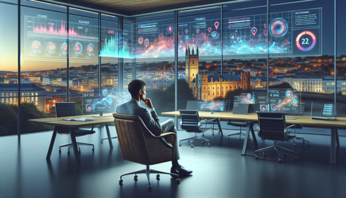 A focused analyst in a modern Exeter office views digital dashboards with graphs of engagement metrics and a historic skyline.