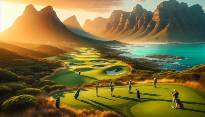 Panoramic South African golf course at golden hour: lush fairways winding through mountains and coastlines, golfers selecting clubs, distant wildlife.