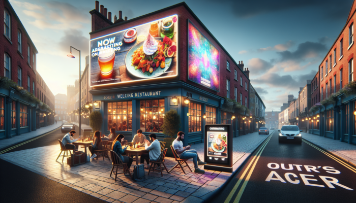 Sherborne street scene: cozy restaurant with digital billboard for new menu, customers checking emails on phones, and vibrant print posters.