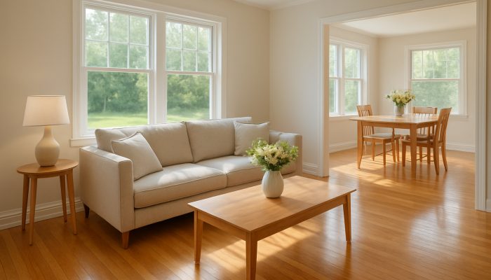 Immaculate Somerton home interior showcasing gleaming wooden floors, tidy furniture, and fresh flowers.
