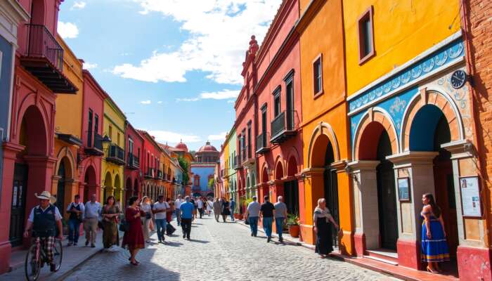 Vibrant San Miguel de Allende street scene: colourful colonial buildings, intricate archways, cobbled paths, locals in traditional attire under a sunny sky.