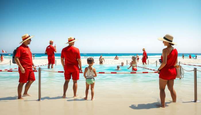 Beach scene with lifeguards in red uniforms observing swimmers in roped areas, families wearing hats and sunglasses under bright sunlight.