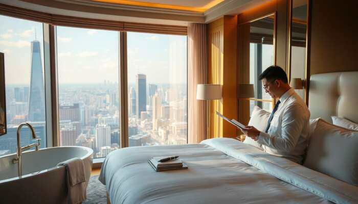 A hotel inspector reviews fresh linens and polished fixtures in a luxurious five-star suite, holding a checklist with a city view bathed in golden light.