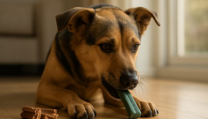 Vigilant dog chewing a safe dental treat in a sunny home, with splintered chews nearby highlighting choking risks.