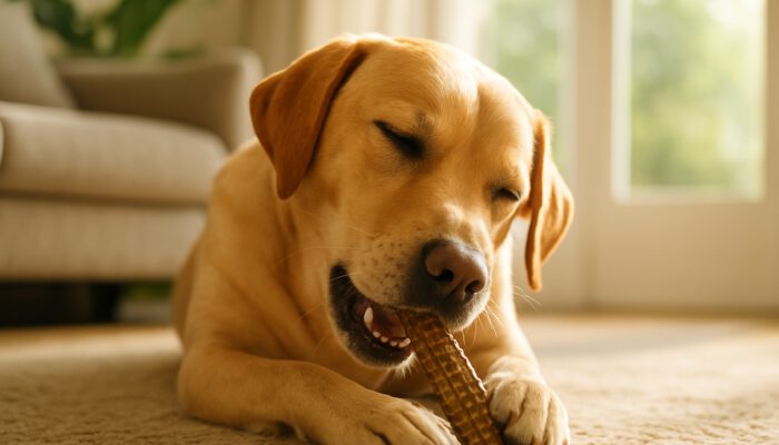 Calm dog chewing a textured dental treat in a sunlit living room, fully focused.