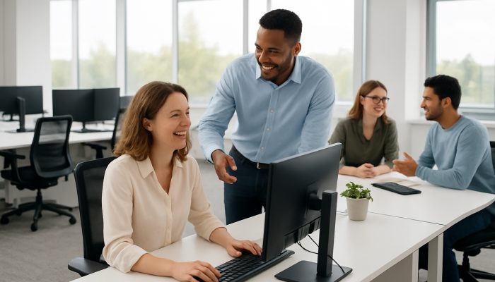 A modern Ilchester office with spotless desks, ergonomic workstations, and satisfied employees collaborating.