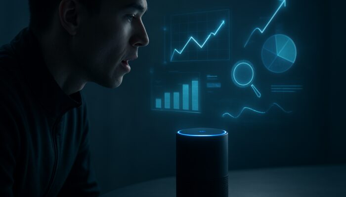 Person speaking into smart assistant with holographic SEO graphs and keywords floating around.