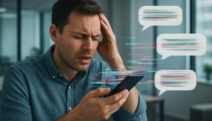 Frustrated user in modern office speaks to glitchy smartphone voice assistant with distorted sound waves and misinterpreted text bubbles.