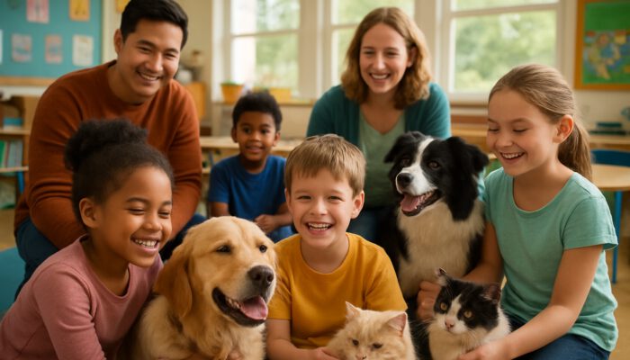 Students and teachers interacting with therapy dogs and cats in a lively classroom, promoting emotional support.