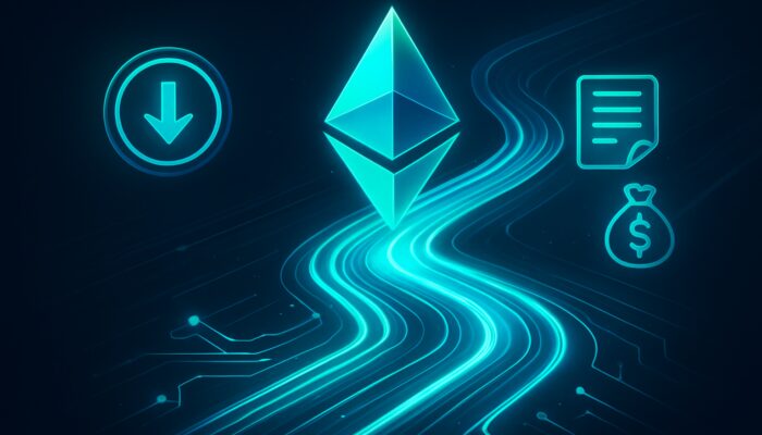 Neon blue-green visualisation of declining Ethereum gas fees through optimised glowing blockchain pathways.