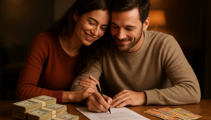 Agreeing Rules For Windfalls With Your Partner | DCL Couple signing financial pact at table surrounded by cash piles and lottery tickets