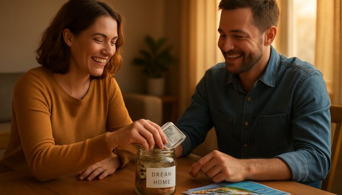 Agreeing Rules For Windfalls With Your Partner | DCL Joyful couple splitting work bonus between dream home savings jar and holiday brochures on wooden table