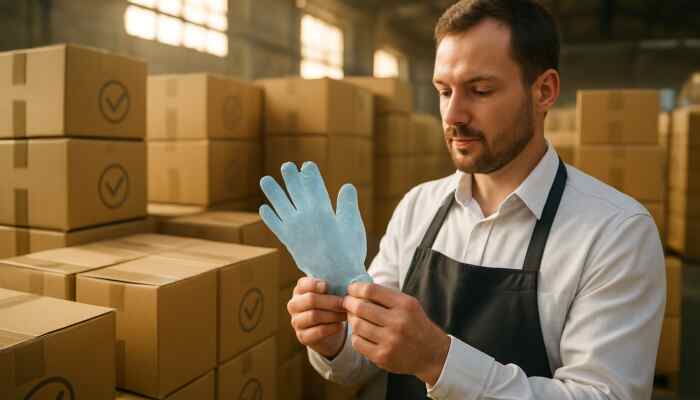 Catering manager examining certified bulk polythene gloves in a well-lit warehouse with compliance boxes
